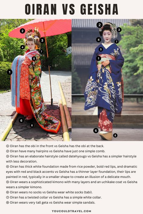 Many people outside of Japan may not know the differences between Oiran and Geisha, two traditional Japanese female entertainers. This article explores the contrasts and similarities of their histories, costumes, makeup, lifestyles, and roles in society, offering a nuanced perspective on their unique cultural significance. Hokkaido, Geishas, Kimono Accessories Traditional, Japanese Make Up Traditional, Traditional Japanese Kimono Female, Geisha Dress Traditional Kimono, Japanese Empress Kimono, Yukata Vs Kimono, Japanese Shrine Maiden Outfit