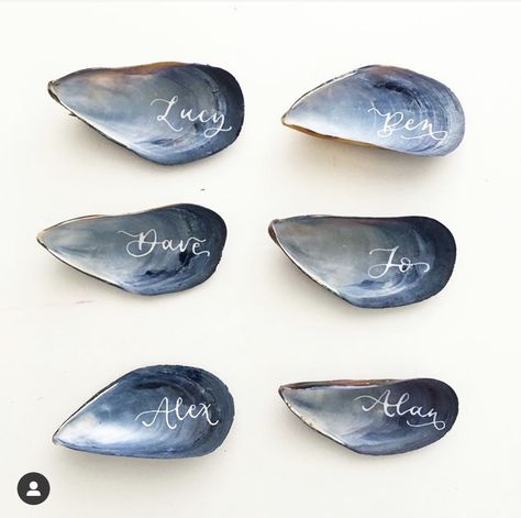 Mussel Shell Place Cards, Destination Wedding Name Place Cards, Coastal Place Cards, Sea Shell Name Cards, Coastal Wedding Place Cards, Shell Place Cards Wedding, Shell Name Cards Wedding, Unique Wedding Place Card Ideas, Uk Beach Wedding