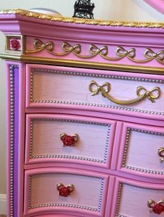 disney princess furniture redo, painted furniture, Mine                                                                                                                                                     More Disney Princess Furniture, Princess Furniture, Rooms To Go Kids, Chalk Paint Makeover, Disney Furniture, Reupholster Chair, Disney Rooms, Painted Drawers, Artisan Furniture