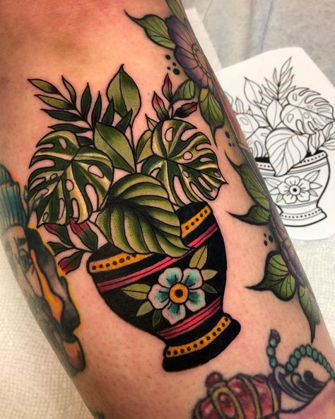 American Traditional Potted Plant Tattoo, Plant Tattoo American Traditional, American Traditional House Plant Tattoo, Traditional Plant Pot Tattoo, Potted Plant Tattoo Traditional, Traditional Style Plant Tattoo, Cool Plant Tattoos, Potted Plant Tattoos, Color Plant Tattoo