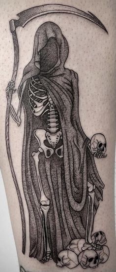 Skull Tattoo Thigh Women, Skeleton Leg Tattoos Women, Gothic Tattoo Ideas Beautiful, Dark Thigh Tattoos For Women, Realistic Ghost Tattoo, Dark Feminine Tattoos Thigh, Dark Female Tattoos, Small Dark Feminine Tattoos, Skeleton Tattoo Leg