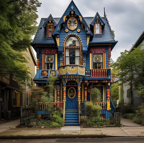 Quirky Victorian House, Maximalist Exterior House, Painted Ladies Houses, Maximalist House Exterior, Unique Home Exterior, Weird Houses, Painted Lady House, Purple House, Colorful Houses