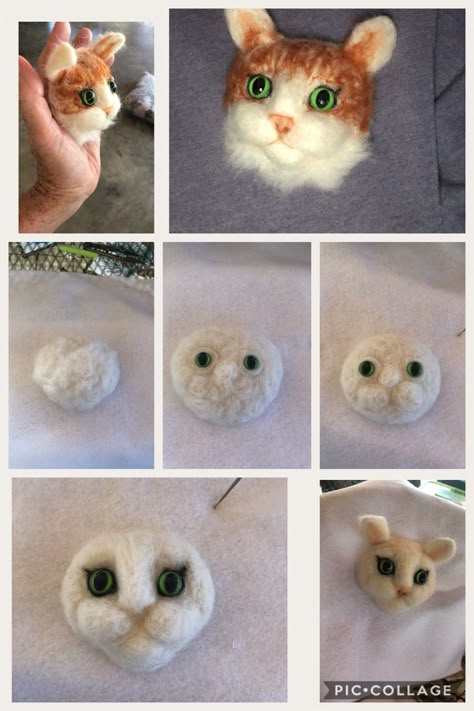 Steps to Felting a cats head Needle Felted Cat, Wool Needle Felting, Needle Felting Diy, Felt Pictures, Needle Felting Tutorials, Wool Art, Wet Felt, Felt Cat, Felt Brooch