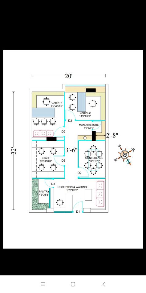 layout of office for 600sqft carpet area Admin Area Design, Small Offices Plans Layout, Office Plan With Dimensions, 8 X 12 Office Layout, Open Plan Office Design Layout, Admin Office Plan, Consulting Office Interior Design, Office Floor Plan With Dimensions, Architect Office Plan Layout