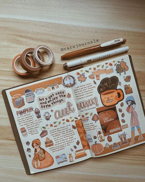 Autumn Journal Page, Maximalist Journal, Ways To Fill A Journal, Autumn Journal Ideas, Cozy Journaling, Autumn Journaling, Autumn Writing, Journaling Spreads, Journal Autumn