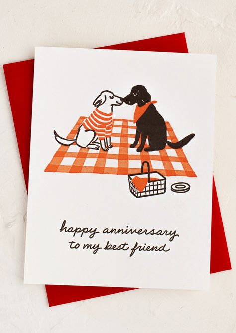 An illustrated card with dogs on a picnic blanket, text reads happy anniversary to my best friend. Picnic Anniversary, Dog Picnic, Friend Anniversary, To My Best Friend, Letterpress Greeting Cards, Romantic Cards, Gift Wrap Tags, Diy Presents, Love Anniversary