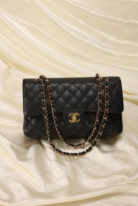 CONDITION: VERY GOOD VINTAGE .??¨ Twin with me! My favorite style by Chanel, the Caviar Classic Double Flap! This gold and caviar combo in particular is extremely difficult to come by as not only the size the most popular, the 24kt gold plated hardware is highly coveted! In this combo and condition, bag goes for between $9k-$10k on the resale market! Extremely versatile piece can be as a long or short shoulder bag.??¨ Crafted in 2006-2008. Please note: Extremely light??¨rubbing on corners, but not noticeable! Clean interior. Beautiful vintage condition.??¨ In order to meet the current demand and given the??¨nature of sourcing inventory, all sales are final. Please be sure to review all pictures and ask any questions prior to making a purchase! To prevent any form of fraud, I??¨keep video r Classic Black Bags, Chanel Caviar Bag, Chanel Double Flap Bag, Black Chanel Bag, Chanel Bag Outfit, Classic Channel, Chanel Double Flap, Chanel Classic Flap Bag, Chanel Flap Bag