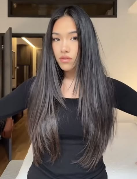 Long Layer Extensions, Long Dark Hair Layers Straight, Long Layered Haircuts On Straight Hair, Long Layer Straight Haircut, Face Frame Layers Straight Hair, Long Haircut Not Styled, Long Dark Straight Hair With Layers, Straight Black Layered Hair, Long Hair Front Cut