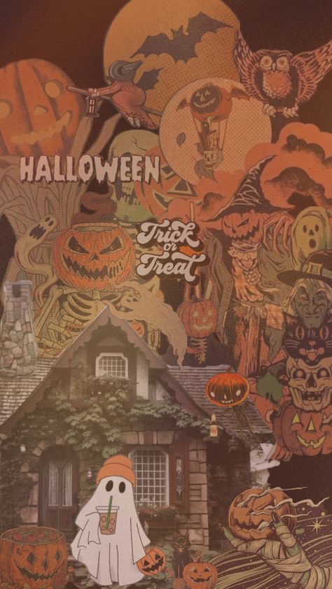 #wallpaper #vintage #halloween #orange #fall Cute Vintage Halloween Wallpaper, Vintage Halloween Wallpaper Backgrounds, 80s Halloween Aesthetic Wallpaper, Fall Lofi Wallpaper, Vintage Halloween Lockscreen, Garfield Halloween Wallpaper, Cluttercore Wallpaper, Vintage Halloween Art Wallpaper Iphone, Retro Fall Wallpaper