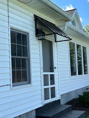 Awnings Over Doors Entrance Front Entry, Side Door Awning, Awning Ideas Front Door, Metal Awnings Over Doors, Awning Over Window, Awning Over Front Door, Diy Door Awning, Exterior Window Awnings, Front Door Awning Ideas