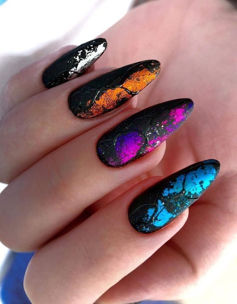 Black Bright Nails, Pansexual Pride Nails, Nail Art With Foil, Blue Nails Fall, Nail Foil Art, Glass Nail Design, Dragon Nail Art, Unghie Sfumate, Foil Nail Art