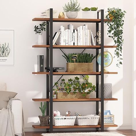 BATHWA Wood and Metal Minimalist 5 Tier Bookshelf, 6 feet Tall Open Rustic Wide Bookcase Industrial Style, Modern Wooden Big Book Shelf for Home Living Room Bedroom Office Storage, Rustic Brown Big Book Shelf, 5 Tier Bookshelf, Metal Minimalist, Solid Wood Bookshelf, Wide Bookcase, Metal Bookshelf, Open Bookshelves, Metal Shelving Units, Wood Bookshelves