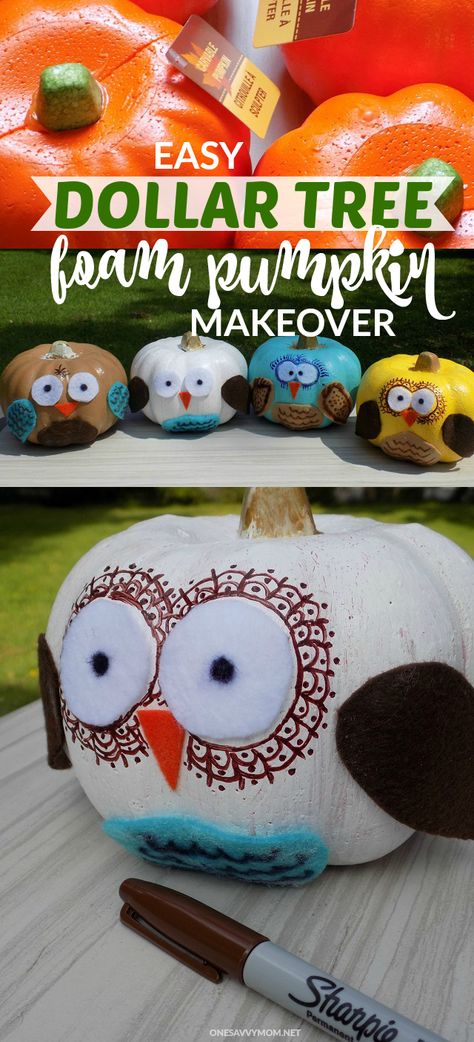 Easy Dollar Tree Foam Pumpkin Makeover - Super Cute owl Pumpkins Kids Craft Tutorial - Just $2 To Make! Fun Kids Craft Perfect Craft For Fall Birthday Parties AND Halloween Parties! Foam Pumpkin Crafts, Pumpkin Makeover, Owl Craft, Owl Pumpkin, Fall Pumpkin Crafts, Fall Birthday Parties, October Crafts, Foam Pumpkins, Girl Crafts