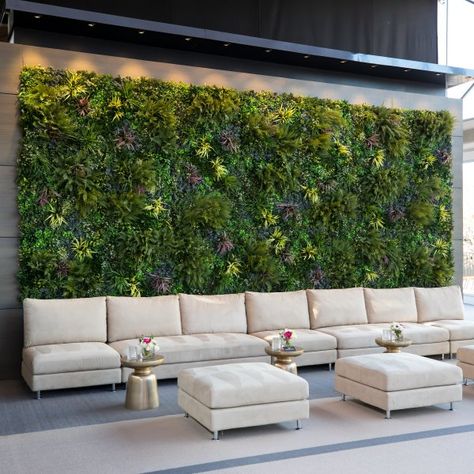 Fake Vertical Garden Wall, Outdoor Wall Greenery, Fake Greenery Wall With Neon Sign, Artificial Plants Ceiling Design, Fake Plant Wall Outdoor, Patio Greenery Wall, Artificial Living Wall Outdoor, Green Wall Garden Outdoor, Faux Greenery Wall Bedroom