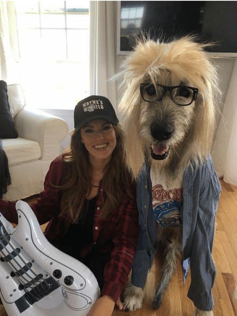 Right out of Wayne’s World Waynes World Costume, Dog And Owner Costumes, Costumes For Dogs, Best Friend Halloween Costumes, Wayne's World, Irish Wolfhound, Dog Dress, Dog Halloween Costumes, Halloween Costumes College