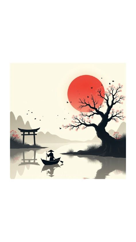 This image is a digital drawing with a minimalist, monochromatic aesthetic. It depicts a serene, traditional Japanese landscape scene with a prominent red sun, symbolizing the country's cultural iconography. The sun is depicted as a large, glowing red circle in the upper right quadrant, casting its light across the scene. In the foreground, a large, gnarled tree with bare branches extends from the right side, adorned with several red cherry blossoms and birds perched on its branches. Below the tree, a traditional boat is gently gliding across a tranquil river, occupied by a single figure dressed in a traditional outfit and wearing a wide-brimmed hat, who is rowing with a single oar. On the left side, a traditional torii gate stands in front of a cluster of misty mountains. Japanese Landscape Drawing, Japanese Tree Drawing, Gnarled Tree, Tori Gate, Monochromatic Aesthetic, Red Cherry Blossom, Japanese Tree, Traditional Boats, Torii Gate