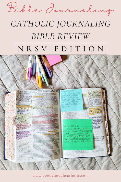 My honest review of the NRSV Catholic Bible Journal Edition from Ave Maria Press. I've included detailed descriptions and beautiful pictures in the review. #catholic #catholicbiblejournaling #catholicjournalingbible Catholic Bible Study Guide, How To Read The Catholic Bible, Catholic Bible Study For Beginners, Catholic Bible Journaling, Catholic Journaling, Catholic Bible Study, Bible Highlighting, Liturgical Living, Bible Study Materials