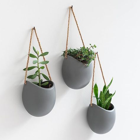 Kazai. Wall Planters -Ellie- | Hanging Ceramic Plant Pots 3 Pieces | Wall Decoration for Indoors, Balcony and Garden | Grey (Matte) Wall Mounted Vase, Handmade Hanger, Ceramic Wall Planters, Wall Vases, Wall Plant Hanger, Modern Living Room Wall, Wall Planters, Hanging Plant Wall, Hanging Plants Indoor