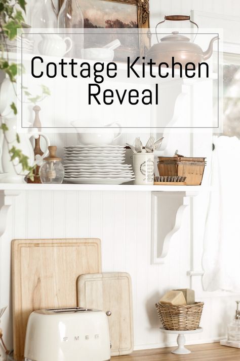 A Cottage Kitchen Reveal Old Cottage Kitchen, Small Cottage Kitchen Ideas, Small Cottage Kitchens, White Cottage Kitchens, White Cottage Kitchen, Cottage Kitchen Inspiration, Cozy Kitchen Decor, English Cottage Kitchens, Massage Studio