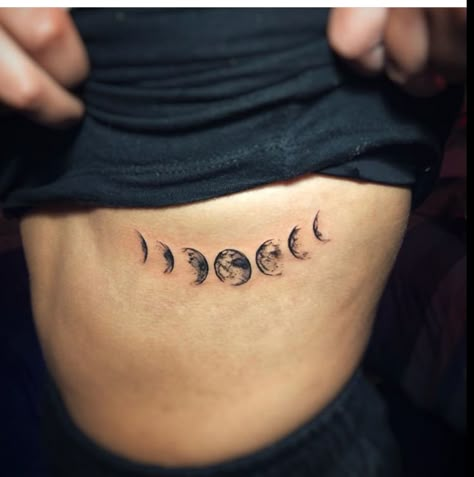 moon phases tattoo Text Tattoo Ribs Women, Phases Of The Moon Tattoo Back, Moon Phase Knee Tattoo, Moon Tattoo On Side Rib, Moon Phases Rib Tattoo, Moon Phase Rib Tattoo, Moon Phases Tattoo Ribs, Stages Of The Moon Tattoo, Moon Fazes Tattoos