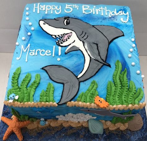 Buttercream cake with drawing of a shark, and chocolate pieces on side with coral, sand, royal icing sea creatures, and a flat fondant shark Shark Birthday Sheet Cake, Megalodon Birthday Cake, Sea Creatures Cake Ideas, Buttercream Shark Cake, Shark Bday Cake, Shark Cookie Cake, Shark Sheet Cake, Shark Cakes For Kids, Shark Cakes For Kids Boys