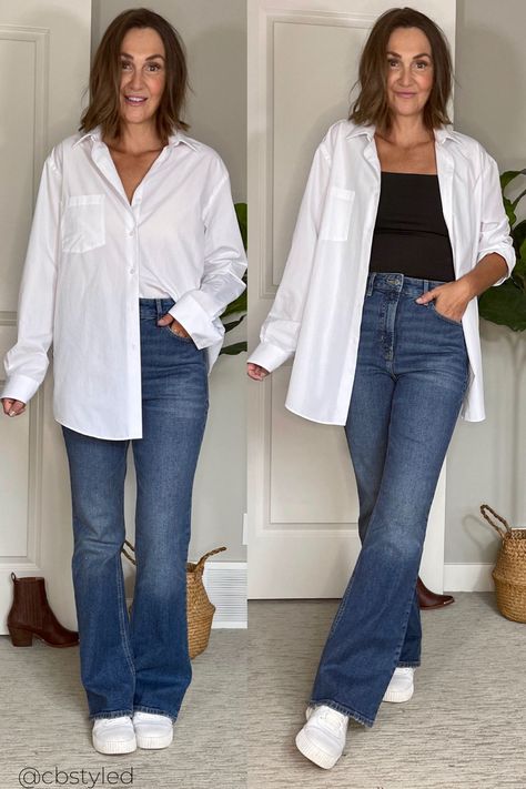 Trendy Button Down Outfits, Flare Jeans And Shirt Outfit, Women’s Jeans And Sneakers, Jeans And A Button Down Women, Outfits With White Button Down, White Button Up Casual Outfit, Flares With Sneakers, Ways To Style A White Shirt, Bootcut Jeans Sneakers Outfit