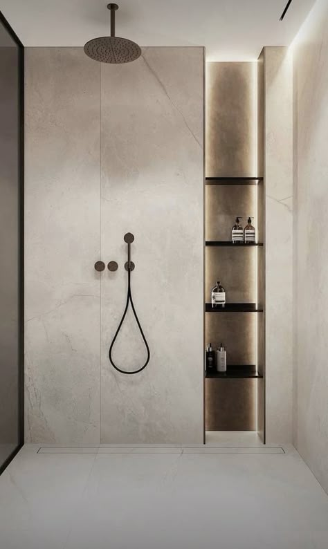 Shower Wall Shelves, Modern Mens Bathroom, Modern Shower Design Ideas, Hotel Room Bathroom Design, Bathroom Japandi Design, Simple Modern Bathroom Design, Microcement Shower Room, Micro Cement Bathroom Wet Rooms, Modern Bathrooms Designs