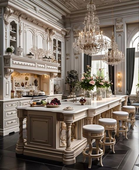 Fancy House Aesthetic, Fancy Kitchens Dream Homes, Bloxburg Manor, Fancy Mansions, Aesthetic Mansion, French Chateau Decor, Luxurious Kitchens, Mansion Kitchen, Fancy Kitchen