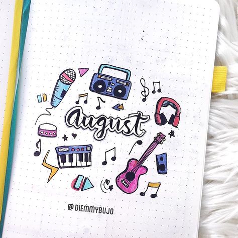 Hello! This is my August cover page. I chose for a music theme 🎼🎧. I drew music Instruments and notes for this theme. The color palette is… August Cover Page, School Book Covers, Notes Journal, Punk Music, Notes Design, Music Themed, Cover Page, Bullet Journal Inspiration, Cover Pages