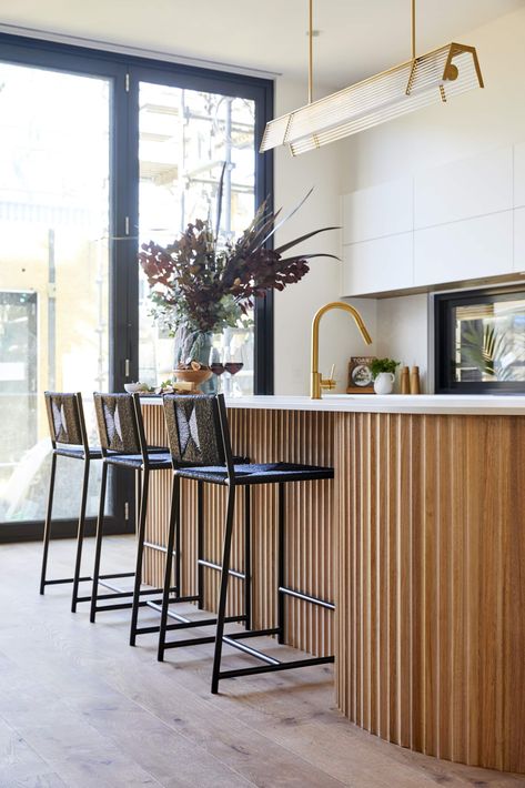 the block 2020 kitchens luke and jasmin curved timber island bench The Block Kitchen, Curved Kitchen Island, Curved Kitchen, Kitchen Island Bench, Contemporary Coastal, Kitchen Benches, Black Cabinets, Wood Slats, Kitchen Style