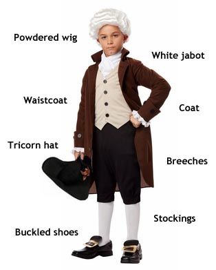 Typical colonial men wore an oversized linen shirt underneath a waistcoat (vest) and a coat made of wool or linen (with wealthier men sporting coats of silk or cotton), with a pair of knee-lenght pants called breeches or knickers. They accessorized with a casual neck kerchief or formal lace jabot; leather shoes, usually black and fastened with buckles; a wig made of human or horse hair; and a hat turned up on two or three sides, with the three-sided tricorne hat being the most fashionable. Benjamin Franklin Costume, Thomas Jefferson Costume, Colonial Outfit, George Washington Costume, Hamilton Costume, Colonial Costume, Knickers Pants, Oversized Linen Shirt, California Costumes