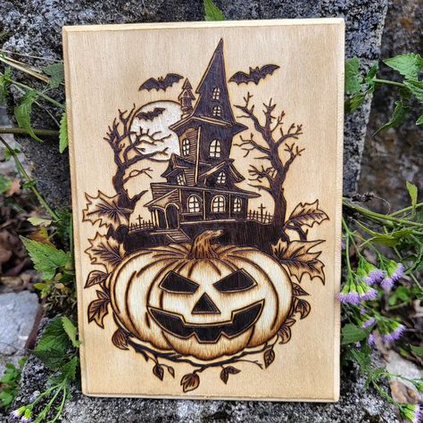 This hand woodburned Haunted House wall hanging is now available in my shop. 🔥👻🎃 Link in bio! https://moonmothandtorch.etsy.com #moonmothandtorch #melissacalvert #pyrography #pyrographersofig #pyrographer #pyrographyart #woodburning #woodburningcommunity #spirit #ghost #paranormal #haunted #witch #gothic #wood #spectral #artistsofig #halloween #spookyseason #samhain #pumpkin #pumpkinpatch #mushrooms #fall #autumn #hauntedhouse #bats Gothic Witch, Pyrography Art, Wood Burning Art, Spooky Pumpkin, House Wall, Halloween Spooky, Samhain, Pyrography, Wood Burning