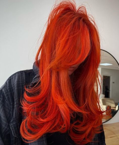 MA color + cuts | Society edu (@christiandomingos) • Instagram photos and videos Neon Orange Hair Color, Bright Orange Red Hair, Vivid Copper Hair, Fire Hair Color Short, Orange And Red Hair, Bright Color Hair, Burnt Orange Hair Color, Neon Orange Hair, Red And Orange Hair