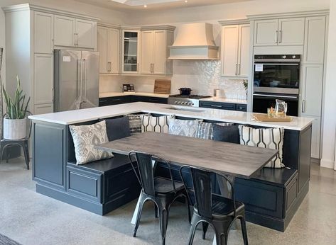 Narrow Kitchen Island With Stove, U Shaped Island In Kitchen, 6x6 Kitchen Layout, Kitchen Island With Built In Table, Island Bench With Table, Kitchens With Islands Layout, Kitchen Island Dining Table Combo Small Spaces, Island With Breakfast Nook, Kitchen Island Built In Seating