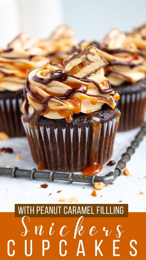 These Snickers cupcakes are moist, filled with peanut caramel, and topped with the most delicious peanut butter buttercream! They taste just like our favorite candy bar!! Snickers Cupcakes, Snicker Cupcakes, Peanut Butter Buttercream, Peanut Caramel, Chocolate Ganache Recipe, Chocolate Cupcakes Moist, Birthday Cake Decorating Ideas, Cake Filling, Ganache Recipe