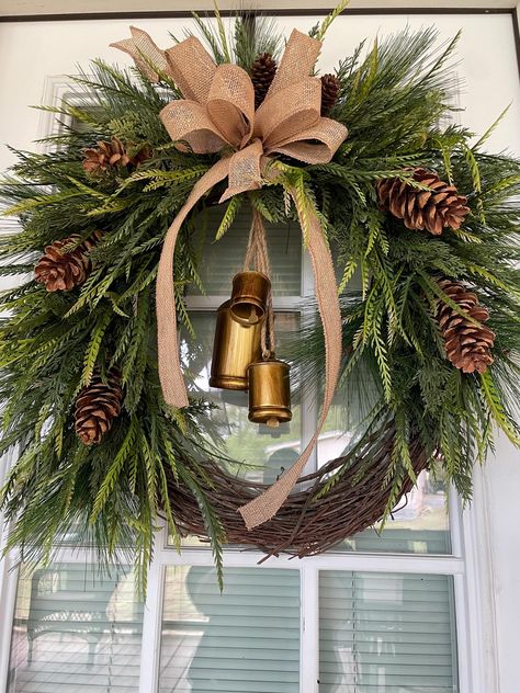 28"x26" Pine Christmas Wreath, Winter Wreath, Farmhouse Wreath, Hanging Cedar Wreath, Hanging Bell Wreath, Large Wreath, Front Door Wreath Farmhouse Wreath On Wall Bedroom, Christmas Wreaths Boho, Rustic Farmhouse Wreath, Xmas Wreaths For Front Door Traditional, Country Christmas Wreaths Rustic, Christmas Wreath Pine Cones, Rustic Wreaths For Front Door Christmas, Old Door Christmas Decor, Dollar Tree Swag Wreath