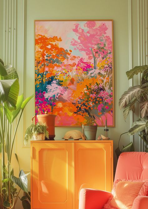 Bright Orange Room Decor, Large Window Wall Decor, Coral Color Wall Art, Light Colored Living Room Walls, 24x36 Poster Art Prints, Colorful Bedroom Wall Decor, Orange And Green Wall Art, Pink Living Room Wall Decor, Art And Design Aesthetics