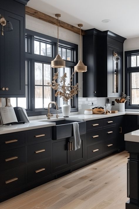 Modern Kitchen Design Black Cabinets, Small Black Kitchen Ideas, Black Kitchen Design, Black And White Kitchen, Minimalist Kitchen Design, Black Kitchen Cabinets, Dark Kitchen, Dark Kitchen Cabinets, Kitchen Inspiration Design