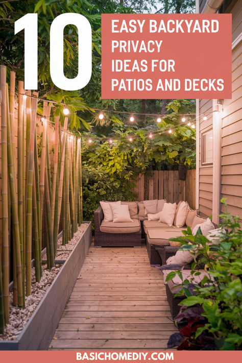 Find 10 clever DIY backyard privacy ideas for patio and deck. Whether you have a small yard or large yard, create privacy from neighbors with solutions like bamboo screens, evergreen trees, hedges, or bushes. Add a trellis, privacy wall, or canopy, and enjoy your jacuzzi, hot tub, or pool with privacy. Use plants, curtains, or an arbor tree to design a serene space on a budget. These ideas work beautifully for porches, decks, and patios, offering stylish privacy for homes with close neighbors. Privacy Wall Around Pool, Privacy Planters For Decks, Privacy For Pool Area, Creating Privacy On Deck, Diy Backyard Pergola Ideas, Campsite Privacy Ideas, Backyard Patio Privacy Ideas, Backyard Patio With Pergola, Privacy Pergola Ideas