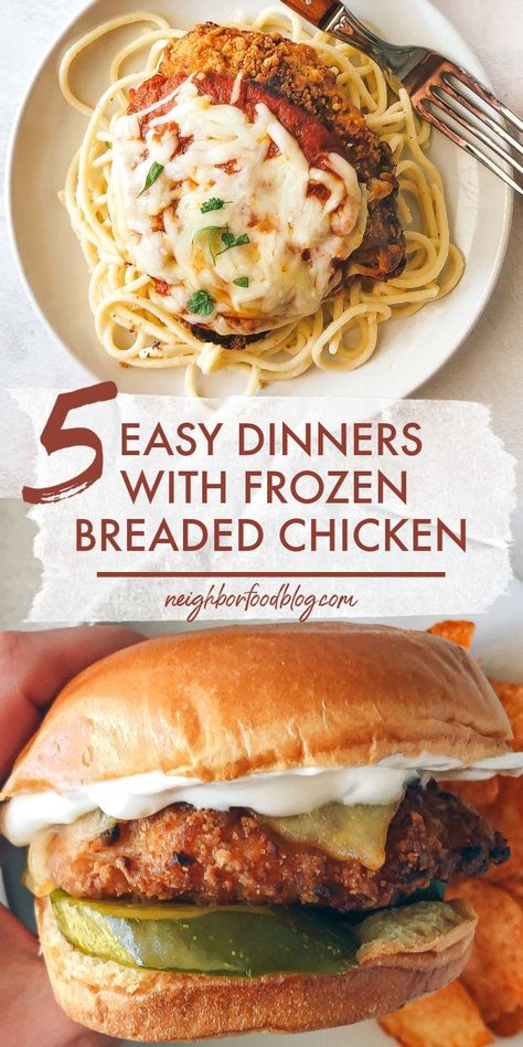 Make an amazing dinner tonight with frozen breaded chicken breasts! These 5 easy dinner ideas use this freezer shortcut to make incredibly quick, simple, and delicious dinners the whole family will love! Frozen Chicken Tender Dinner Ideas, Chicken Patty Meal Ideas, Frozen Chicken Strip Dinner Ideas, Weekday Dinner Ideas, Chicken Tenders Dinner, Chicken Patty Recipes, Breaded Chicken Strips, Skinnyish Dish, Chicken Dinner Ideas