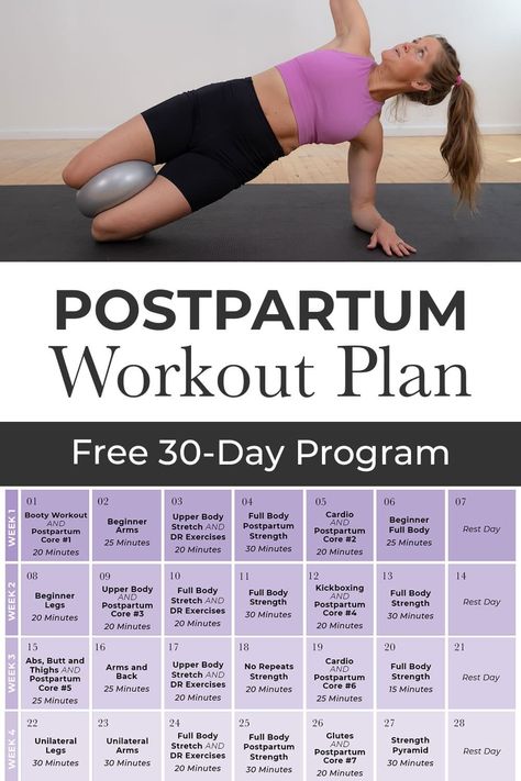 Get back into a fitness routine after baby with this FREE Postpartum workout plan! This free program was designed by Lindsey Bomgren, certified personal trainer and mom of 3. Designed to help moms strengthen and rebuild their core and pelvic floor after pregnancy and birth! This free workout calendar combines bodyweight workouts, strength training, and low impact cardio to create an effective workout plan you can do at home after baby! Postpartum Workout Challenge, 30 Day Postpartum Workout, Full Body Workout Postpartum, Week 2 Postpartum Workout, Postpartum Workout Program, 1 Week Postpartum Workout, Easy Post Partum Workout, At Home Mom Workout, Workout Plan Postpartum