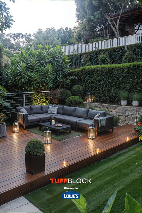 stunning floating deck with outdoor furniture and lush green grass Platform Deck Ideas, Low Deck Ideas, How To Build A Deck, Tuffblock Deck, Low Profile Deck, Cozy Yard, Build A Floating Deck, Deck Blocks, Backyard Deck Ideas