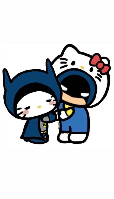 Hello Kitty And Batman Painting, Hello Kitty And Batman Drawing, Batman And Hello Kitty Drawing, Batman And Hello Kitty Wallpaper, Hello Kitty And Batman Couple, Batman Gifts For Boyfriend, Cartoon In Love, Batman Couple, Drawing Ideas For Boyfriend