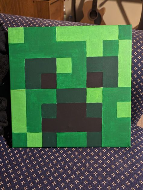 Creeper 10x10 acrylic painting on canvas for Minecraft themed room. Follow the link to see how I did it! Minecraft Creeper Painting, Minecraft Art Painting, Minecraft Canvas Painting, Minecraft Creeper Art, Creeper Painting, Creeper Wall, Minecraft Painting, Painting Minecraft, Minecraft Drawings