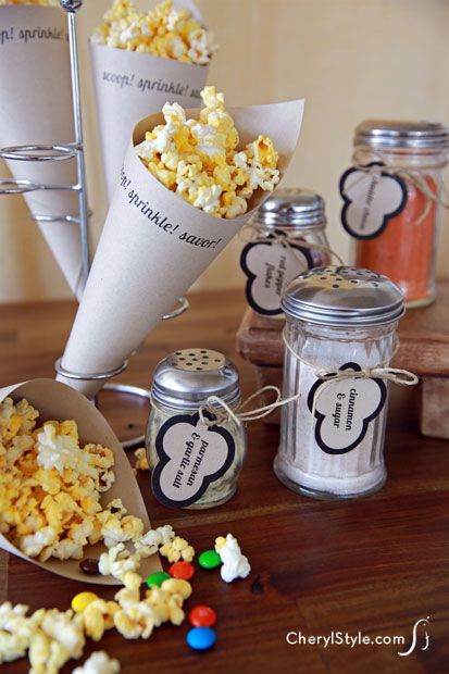 DIY popcorn bar with printable labels is the perfect crowd pleaser | everydaydishes.com Popcorn Bar Free Printables, Popcorn Bar Recipes, Movie Night Party Ideas, Diy Popcorn Bar, Bar Printables, Wedding Snack, Night Party Ideas, Aunt Becky, Diy Popcorn