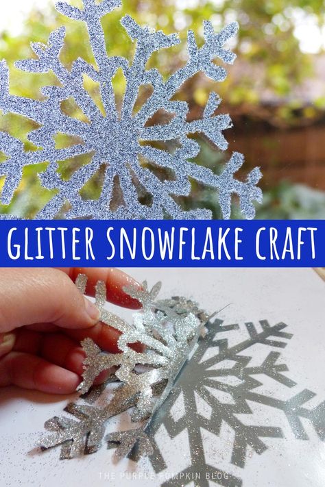 Make a whole flurry of glitter snowflakes to decorate with during the winter and holiday season! These snowflakes are so easy and fun to make, and you can make them in all sorts of sizes, shapes, and colors too. All you need for this winter craft is some glue and some glitter and you'll have sparkly snowflakes adorning your home in no time! #GlitterSnowflakes #WinterCrafts #ChristmasCrafts #ThePurplePumpkinBlog #Crafts Snowflake Salt Painting, Glitter Foam Snowflakes Diy, Glue Snowflakes, Glitter Foam Sheet Snowflake, Crystal Snowflakes For Kids, Snowflake Salt Crystals, Craft For All Ages, Easy Winter Crafts, Fun Winter Crafts