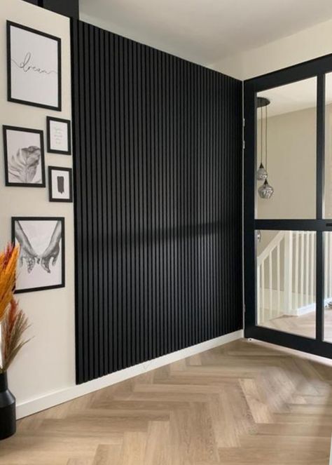 Black Panel Hallway, Black Wall Panelling, Black Panelled Wall, Black Wall With Wood Slats, Black Wood Paneling, Black Panel Wall, Black Wall Paneling, Black Slat Wall, Living Room Panelling