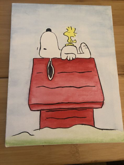 Snoopy Painting Ideas, Painting Ideas With Watercolor, Snoopy Canvas Painting, Snoopy Paintings On Canvas, Snoopy Watercolor, Things To Paint Watercolor, Watercolor Inspo Easy, Snoopy Sketch, Cartoon Paintings Easy