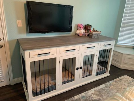 15+ Fantastic DIY Wooden Dog Kennel Plans [FREE] - MyMyDIY | Inspiring DIY Projects Tv Stand Dog Kennel, Dog Crate Tv Stand, Kennel Tv Stand, Tv Stand Diy, Double Dog Kennel, Crate Tv Stand, Tv Stand Plans, Pallet Deck Diy, Dog Crate End Table