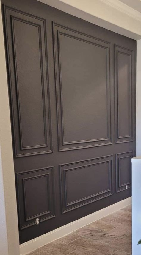 Panel Wall Color Ideas, Millwork And Wallpaper, Paneled Office Walls, Small Wall Space Decor Ideas, Panelled Walls With Wallpaper, Office Panelling Design, Study Panelling, Wood Molding On Walls, Full Wall Panelling